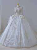 Plataz Ball Gown Scoop Long Sleeves Lace White Wedding Dresses Brides Dress SD1961 HZ0628