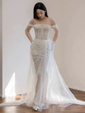 Plataz Mermaid Off The Shoulder White Tulle Long Wedding Dresses Bridal Dress SD1975 HZ0628
