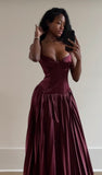 Plataz A line Spaghetti Straps Burgundy Long Satin Party Dresses Prom Dress SD2024 HZ0628