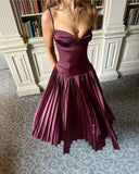 Plataz A line Spaghetti Straps Burgundy Long Satin Party Dresses Prom Dress SD2024 HZ0628