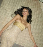 Plataz Mermaid Strapless Long Yellow Sequin Satin Party Dresses Prom Dresses SD2042 HZ0628