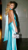 Plataz Mermaid Halter Satin Long Party Dresses Blue Backless Prom Dress SD2044 HZ0628