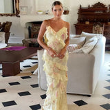 Plataz Mermaid Spaghetti Straps Floor Length Floral Yellow Chiffon Evening Dress Prom Dresses HZ0628