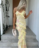 Plataz Mermaid Spaghetti Straps Floor Length Floral Yellow Chiffon Evening Dress Prom Dresses HZ0628