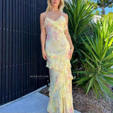 Plataz Mermaid Spaghetti Straps Floor Length Floral Yellow Chiffon Evening Dress Prom Dresses HZ0628