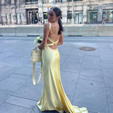 Plataz Mermaid Spaghetti Straps Floor Length Yellow Evening Dress Backless Prom Dresses SD2047 HZ0628