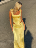 Plataz Sheath Square Neckline 2 Pieces Floor-length Satin Long Yellow Evening Dress Prom Dresses HZ0628