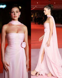 Plataz A line Strapless Pink Chiffon Slit Long Evening Dress Prom Dresses SD2070 HZ0628