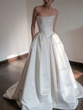 Plataz Ball Gown Strapless Neckline Long White Satin Wedding Dresses SD2100 HZ0628