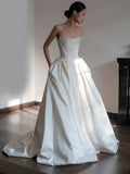 Plataz Ball Gown Strapless Neckline Long White Satin Wedding Dresses SD2100 HZ0628