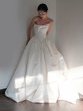 Plataz Ball Gown Strapless Neckline Long White Satin Wedding Dresses SD2100 HZ0628