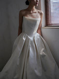 Plataz Ball Gown Strapless Neckline Long White Satin Wedding Dresses SD2100 HZ0628