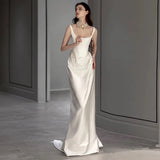 Plataz Mermaid Square Neckline Satin Pleats White Wedding Dresses SD2111 HZ0628