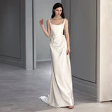 Plataz Mermaid Square Neckline Satin Pleats White Wedding Dresses SD2111 HZ0628