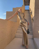 Plataz Mermaid Straps Neckline Champagne Satin Long Prom Dress Evening Dress Formal Dress SD2175 HZ0628