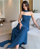 Plataz Mermaid Spaghetti Straps Floor Length Navy Blue Prom Dress Evening Dress Formal Dress With Ribbon SD2196 HZ0628