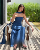 Plataz Mermaid Spaghetti Straps Floor Length Navy Blue Prom Dress Evening Dress Formal Dress With Ribbon SD2196 HZ0628