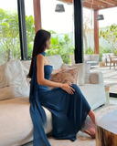 Plataz Mermaid Spaghetti Straps Floor Length Navy Blue Prom Dress Evening Dress Formal Dress With Ribbon SD2196 HZ0628