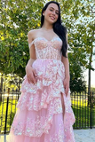 Plataz A-Line Straps Blush Pink Lace Long Prom Dresses Formal Evening Dress SD2203 HZ0628