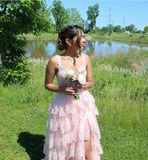 Plataz A-Line Straps Blush Pink Lace Long Prom Dresses Formal Evening Dress SD2203 HZ0628