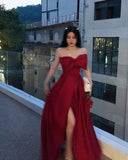 Plataz A Line Strapless Wine Red Slit Prom Dresses Long Party Dress SD2267 HZ0628