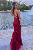 Plataz Mermaid Spaghetti Straps Burgundy Backless Prom Dresses Long Party Dress SD2270 HZ0628