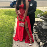 Plataz Mermaid Spaghetti Straps Slit Red Satin Prom Dresses Long Party Dress HZ0628