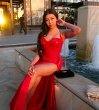 Plataz Mermaid Spaghetti Straps Slit Red Satin Prom Dresses Long Party Dress HZ0628