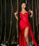 Plataz Mermaid Spaghetti Straps Slit Red Satin Prom Dresses Long Party Dress HZ0628