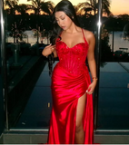 Plataz Mermaid Spaghetti Straps Slit Red Satin Prom Dresses Long Party Dress HZ0628
