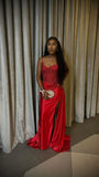 Plataz Mermaid Spaghetti Straps Slit Red Satin Prom Dresses Long Party Dress HZ0628