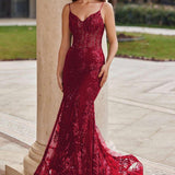 Plataz Mermaid Spaghetti Straps Burgundy Lace Prom Dresses Long Party Dress SD2287 HZ0628