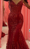 Plataz Mermaid Spaghetti Straps Burgundy Lace Prom Dresses Long Party Dress SD2287 HZ0628