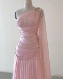 Plataz Sheath One Shoulder Pink Long Chiffon Evening Gown Prom Dresses HZ0628