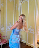 Plataz A Line Off The Shoulder Maxi Long Party Light Blue Chiffon Prom Dresses Evening Dress SD2395 HZ0628