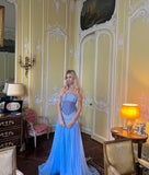 Plataz A Line Off The Shoulder Maxi Long Party Light Blue Chiffon Prom Dresses Evening Dress SD2395 HZ0628