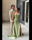Plataz Mermaid Spaghetti Straps Sage Green Long Satin Prom Dresses Formal Evening Dress SD2416 HZ0628