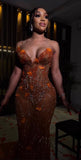 Plataz Mermaid Strapless Floor Length Orange Lace Sequin Evening Dress Prom Dresses SD2418 HZ0628