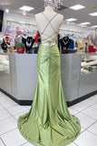 Plataz Sage Scoop Neck Satin Mermaid Long Prom Dress with Slit Formal Gown Evening Dress SD2419 HZ0628