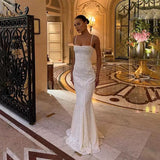 Plataz Mermaid Spaghetti Straps Long White Prom Dresses Formal Graduation Party Dress Evening Dress SD2461 HZ0628