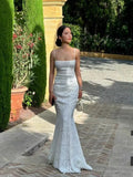 Plataz Mermaid Spaghetti Straps Long White Prom Dresses Formal Graduation Party Dress Evening Dress SD2461 HZ0628
