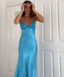 Plataz V-neck Blue Beaded Back Tie A-line Long Prom Dress SD2470 HZ0628