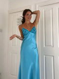 Plataz V-neck Blue Beaded Back Tie A-line Long Prom Dress SD2470 HZ0628
