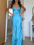 Plataz V-neck Blue Beaded Back Tie A-line Long Prom Dress SD2470 HZ0628