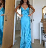 Plataz V-neck Blue Beaded Back Tie A-line Long Prom Dress SD2470 HZ0628