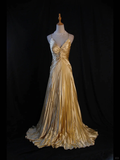 Plataz A Line Halter Gold Satin Beads Long Evening Dress Prom Dresses SD2701 HZ0628