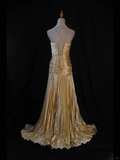 Plataz A Line Halter Gold Satin Beads Long Evening Dress Prom Dresses SD2701 HZ0628