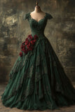 Plataz Ball Gown Short Sleeves Dark Green Lace Long Party Dress Satin Prom Dresses SD2704 HZ0628