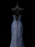 Plataz Mermaid Spaghetti Straps Navy Blue Sequin Long Evening Gowns Prom Dress SD2765 HZ0628