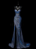 Plataz Mermaid Spaghetti Straps Navy Blue Sequin Long Evening Gowns Prom Dress SD2765 HZ0628